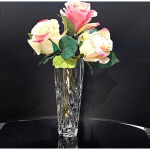 Gorham Crystal Star Blossom Flower Vase 7" blown glass gold rim heavy cut leaves